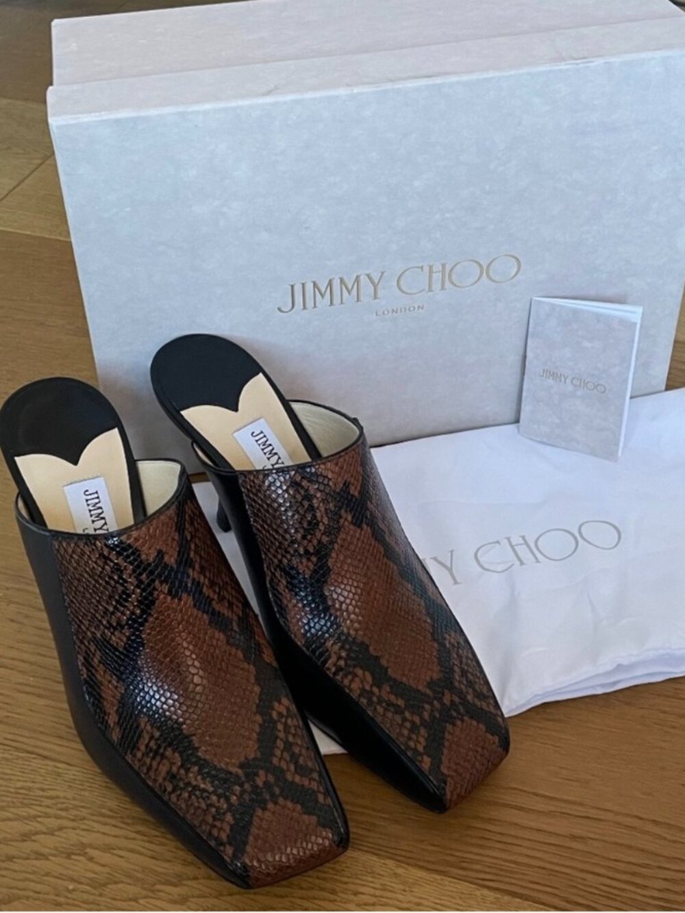 Jimmy Choo Marcel 85mm Snake Effect Leather Square-Toe Mules (Black Tan) - Picture 4 of 15